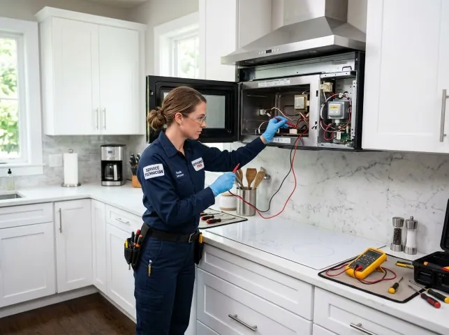 Appliance Repair Hero technician testing an over-the-range microwave in a Bokeelia, FL kitchen